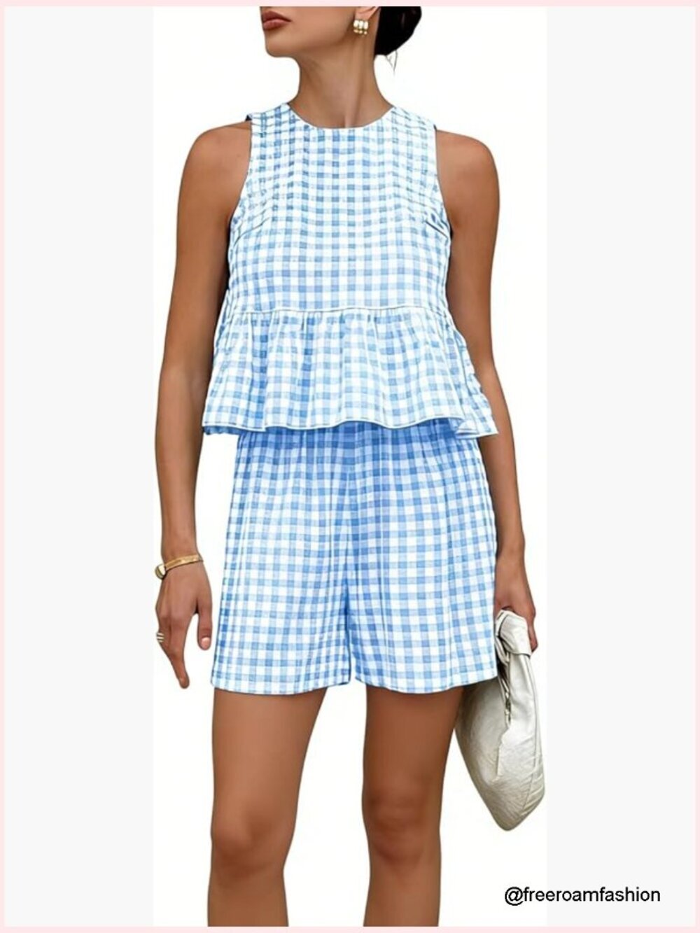 2 Piece Gingham Plaid Shorts Set Sleeveless Tank Peplum Lounge Sets